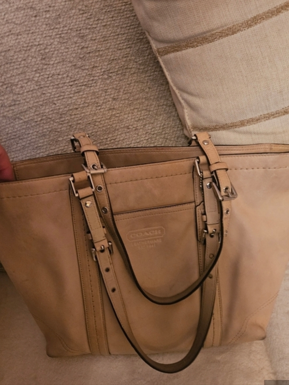 Coach East West Genuine Leather Camel Color Zippered Tote Bag With Hang Tag